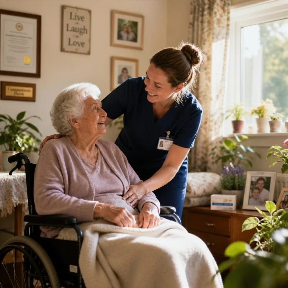 A caregiver in navy scrubs smiling with an elderly resident in a wheelchair